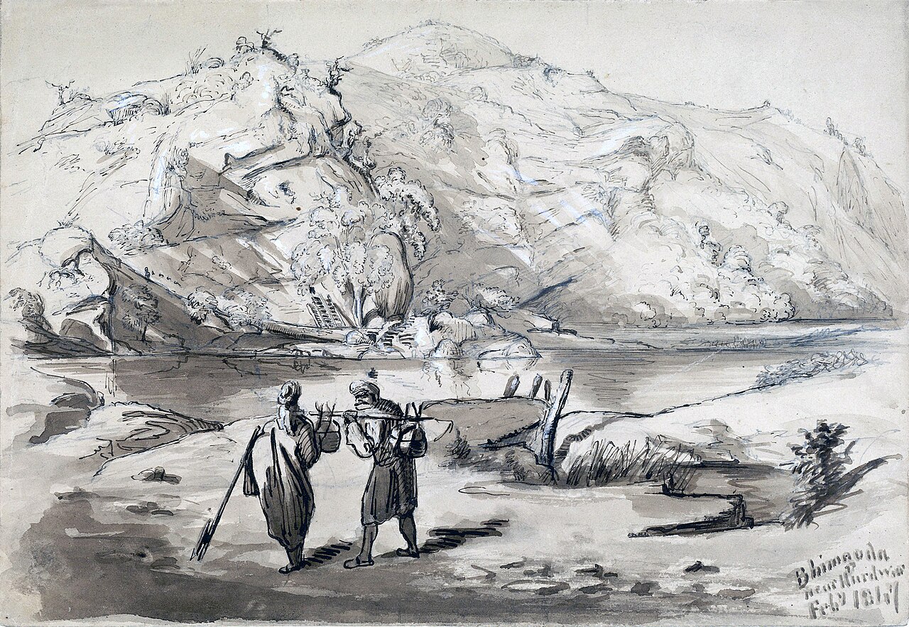 Scene at Bhimgoda near Haridwar, February 1847. Pen-and-ink and wash drawing of a scene at Bhimgoda near Haridwar in Uttar Pradesh, dated February 1847. The ima