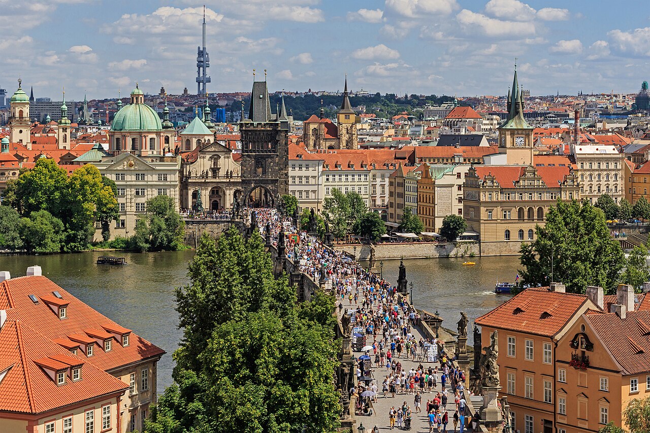 View from the Lesser Town tower of Charles Bridge in Prague (Czech Republic)
