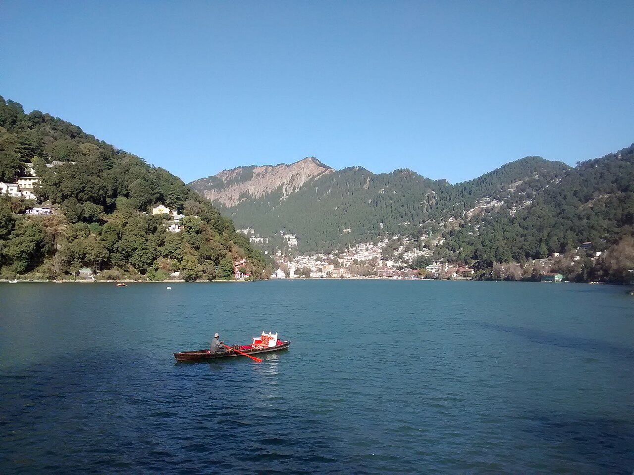 This image is scenic view of the Nainital Lake from Tallital, the lower end of the lake.