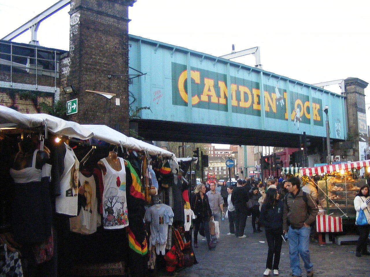 The en:North London line railway bridge over en:Chalk Farm Road from Camden Lock Place, (51.54160,-0.14611) a pedestrian-only road with open-air and permanent s