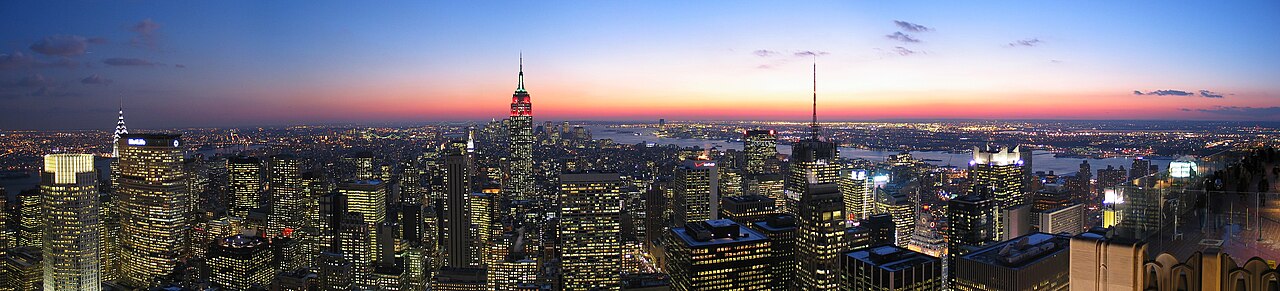 Panoramic image looking south from the upper deck of the 'Top of the Rock' observation deck on Rockefeller Center. Lower deck is visible on the right edge of th