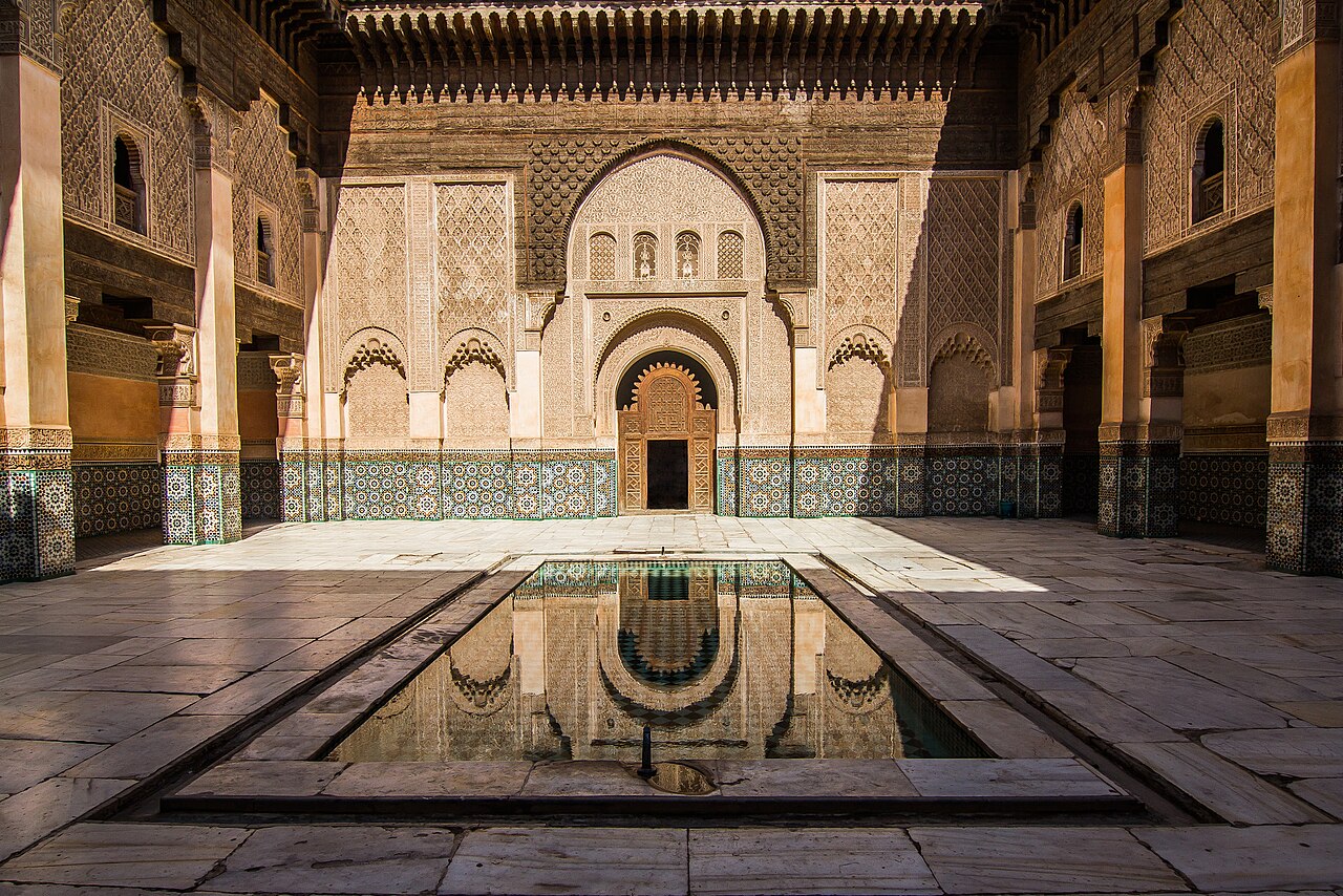 Main courtyard of the Ben Youssef Madrasa in Marrakesh, looking northwest towards the entrance