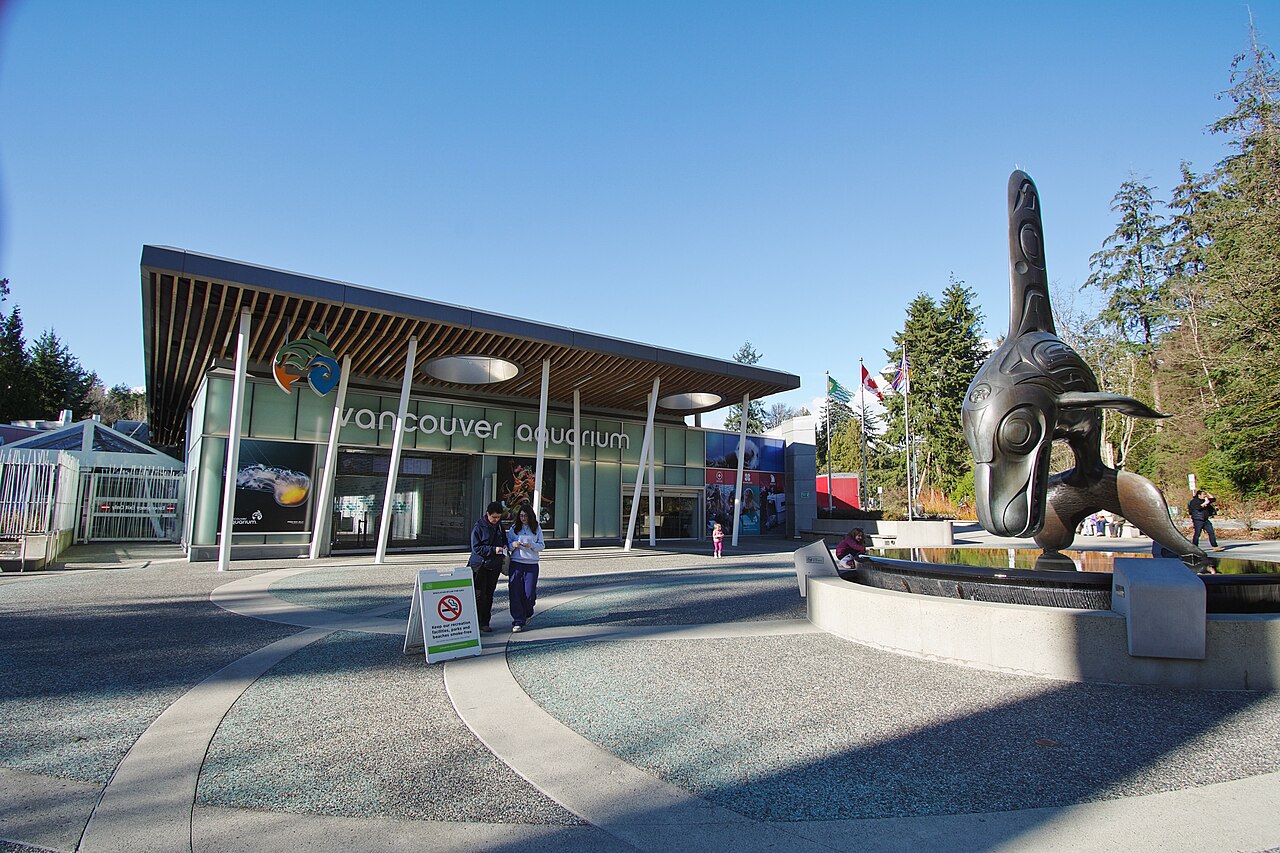The entrance to the Vancouver Aquarium in March 2026, featuring Bill Reid's orca statue.