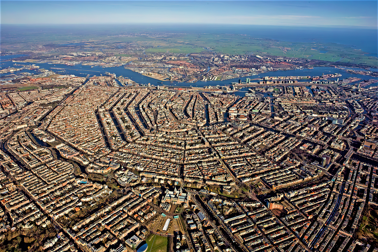 Aerial view of the concentric canal belt (grachtengordel) in Amsterdam.