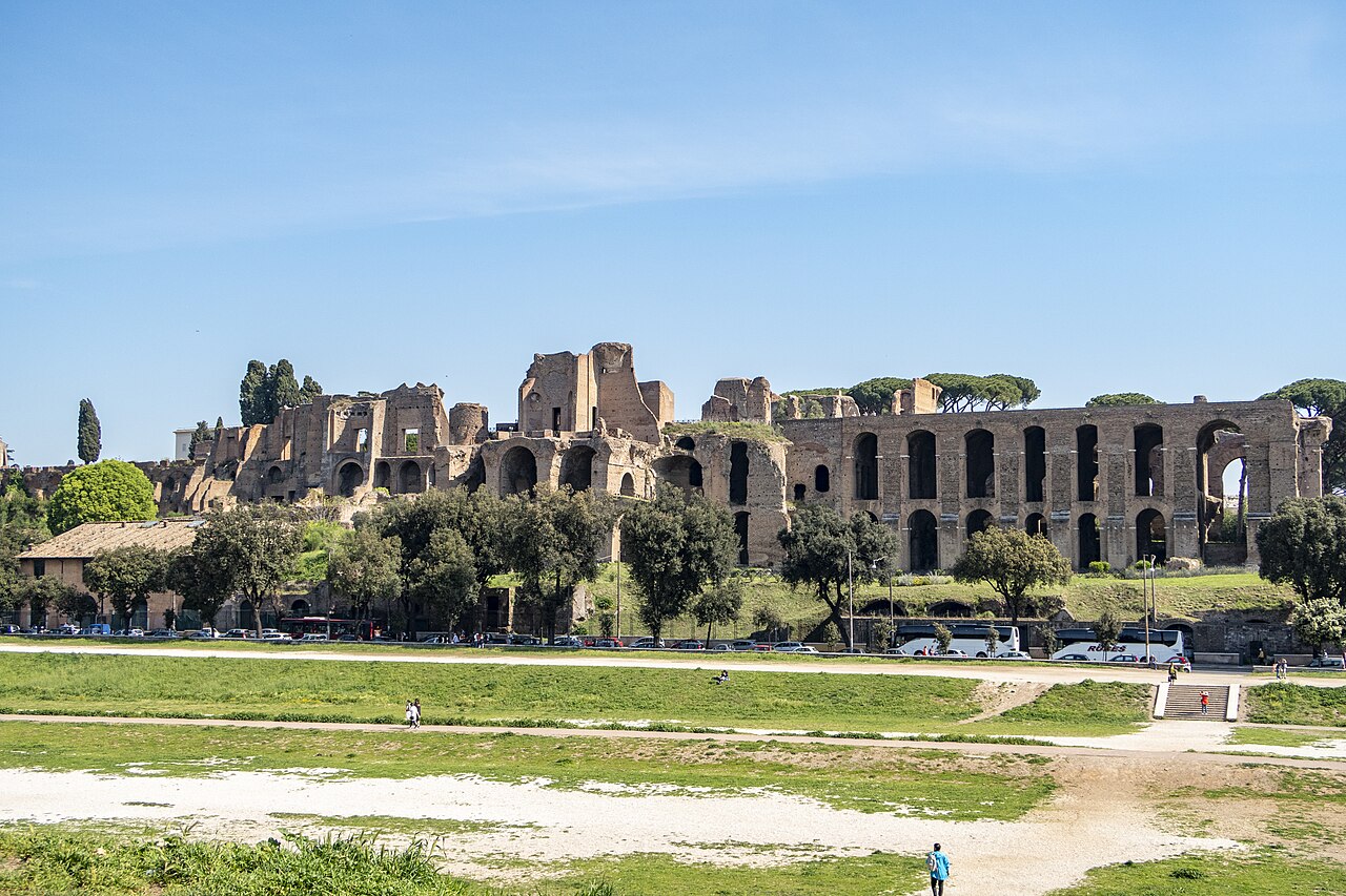 View of the Palatine Hill from across the Circus Maximus, taken in April 2019.