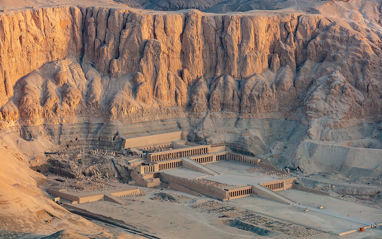 Aerial view during sunrise of the Mortuary Temple of Hatshepsut, Luxor, Egypt. The mortuary temple built during the reign of Pharaoh Hatshepsut of the Eighteent