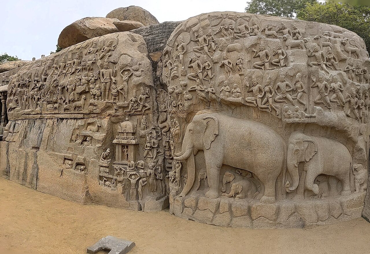 The Group of Monuments at Mahabalipuram is a collection of 7th- and 8th-century CE religious monuments in the coastal resort town of Mahabalipuram, Tamil Nadu, 