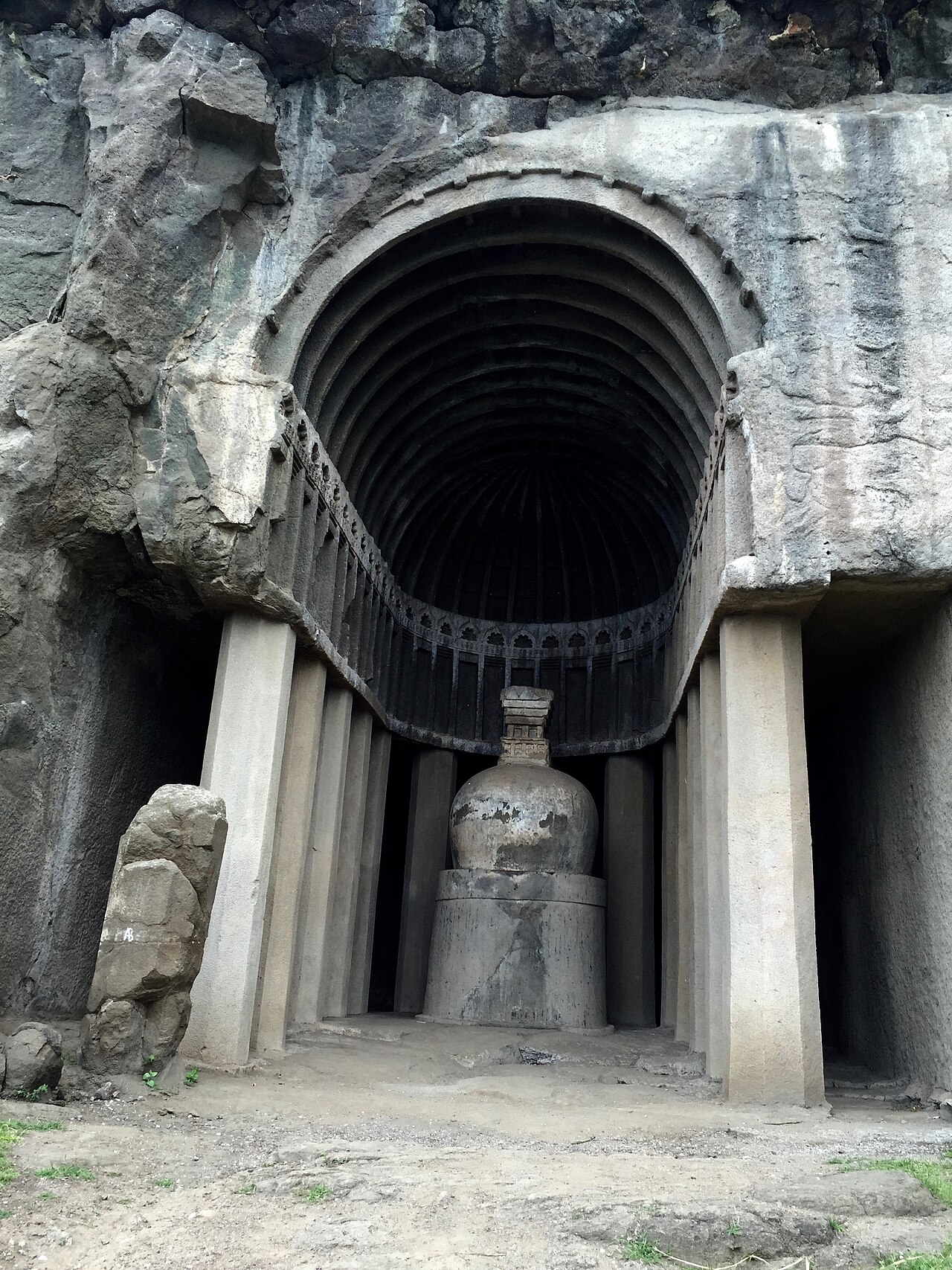 The Aurangabad caves are twelve rock-cut Buddhist shrines carved in 6th-7th century CE. They are located on a hill running roughly east to west, close to the Bi