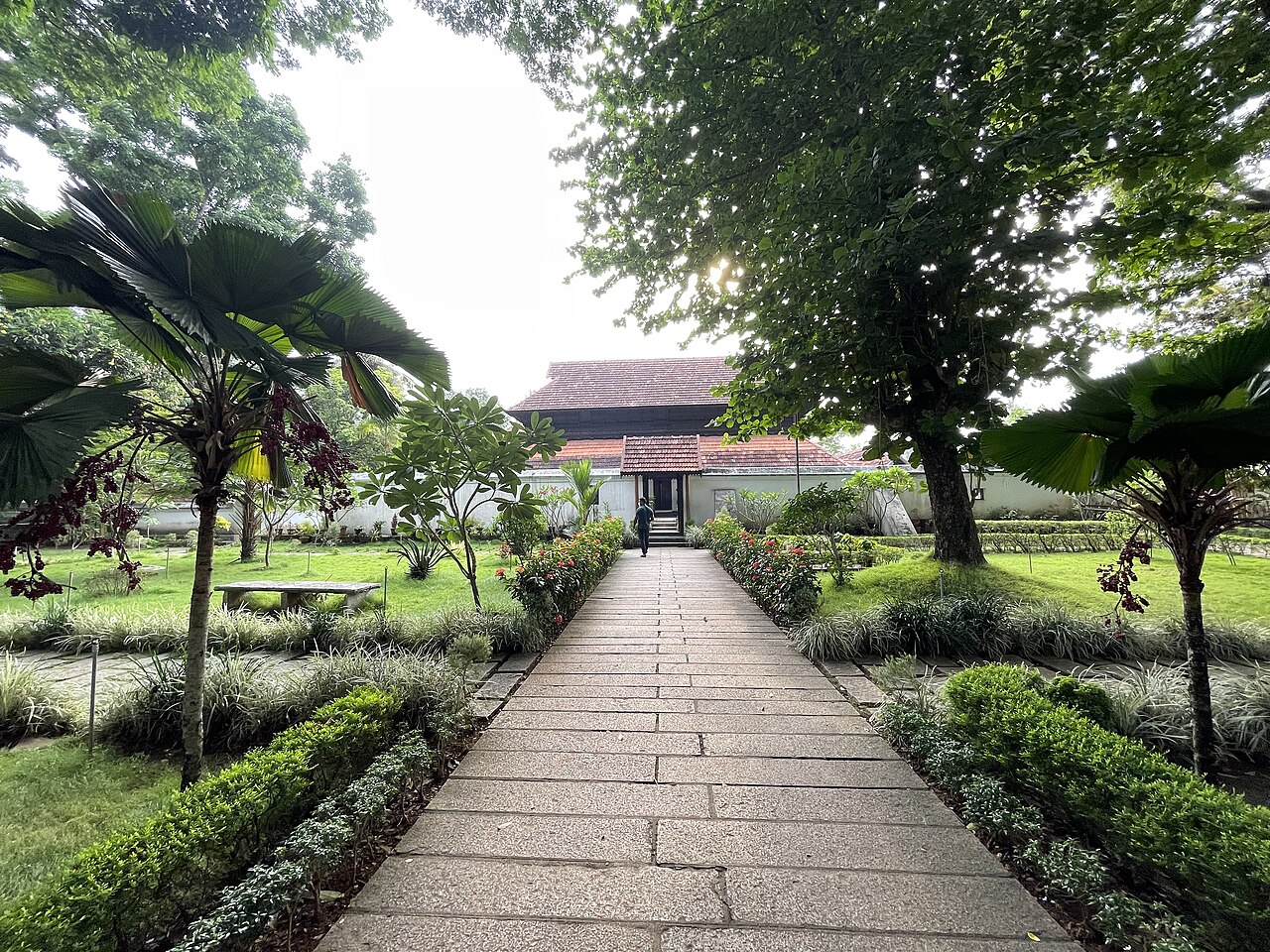 The image contains the front view of Krishnapuram Palace, a historical palace situated in Kayamkulam, Kerala.