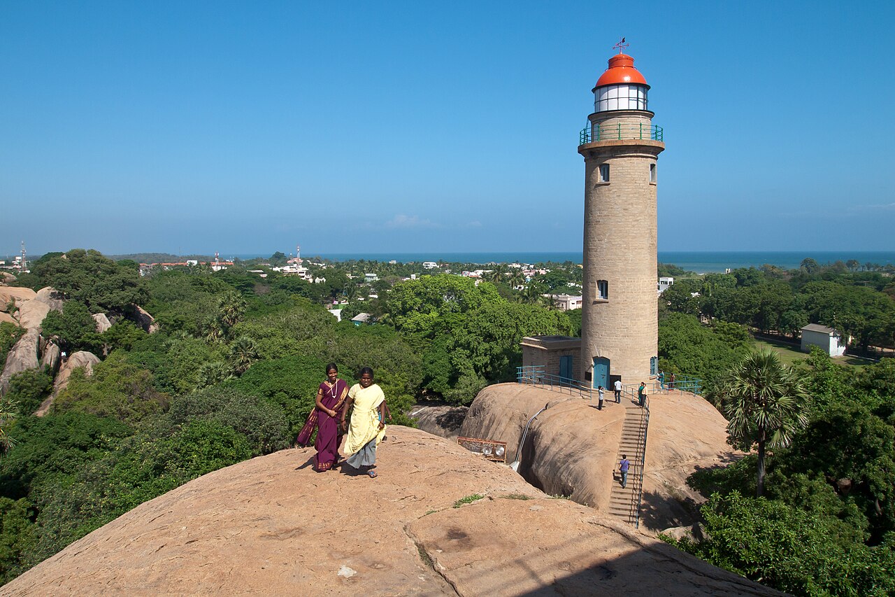 Mamallapuram was one of two major port cities by the 7th century within the Pallava Kingdom. Mahabalipuram, Mamallapuram, Tamil Nadu, India. The lighthouse, wit