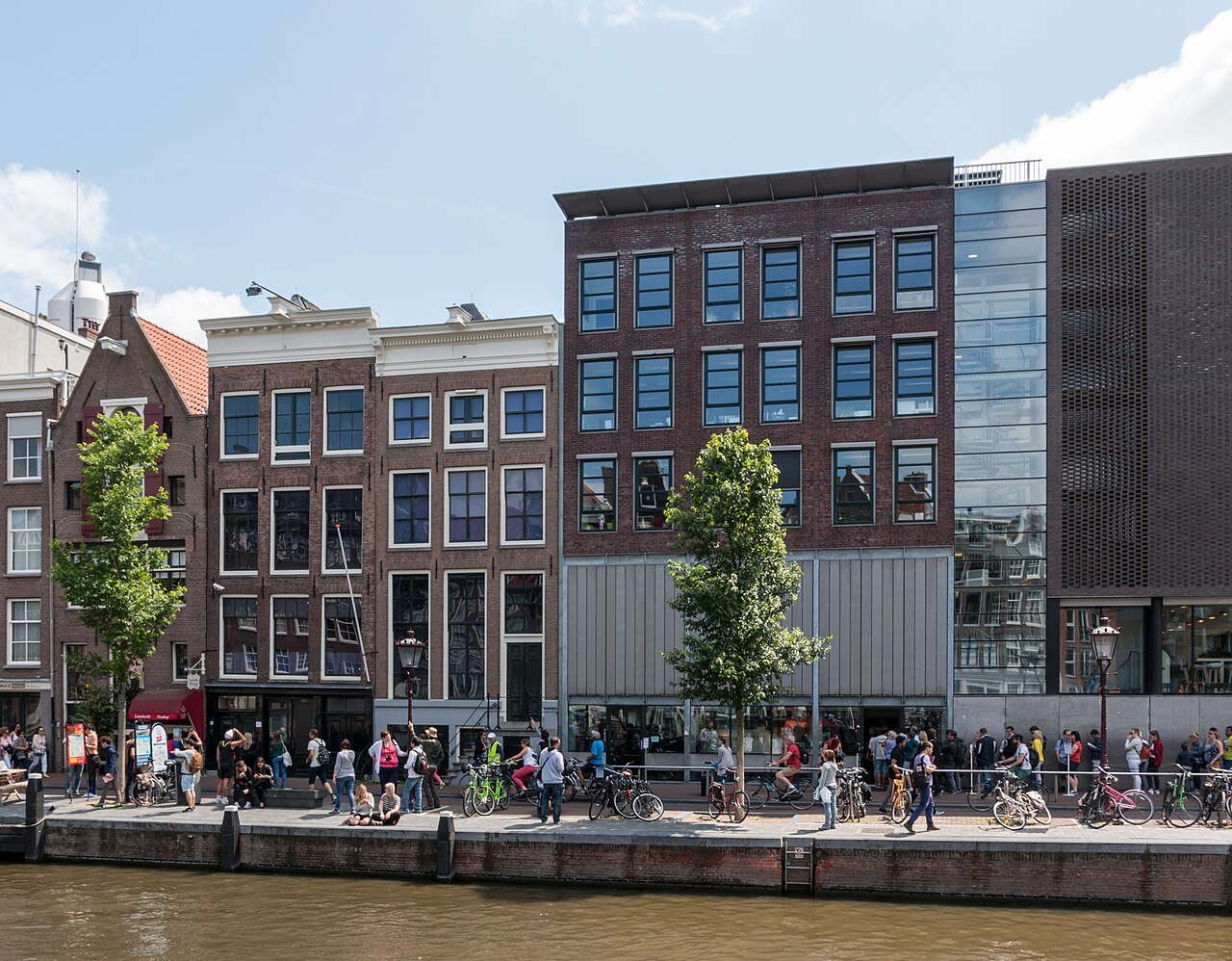 Anne Frank House (black facade at ground level) on the Prinsengracht in Amsterdam, Netherlands