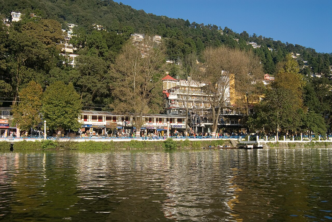 A view of Nainital Mall Road from the Naini lake, Uttarakhand.