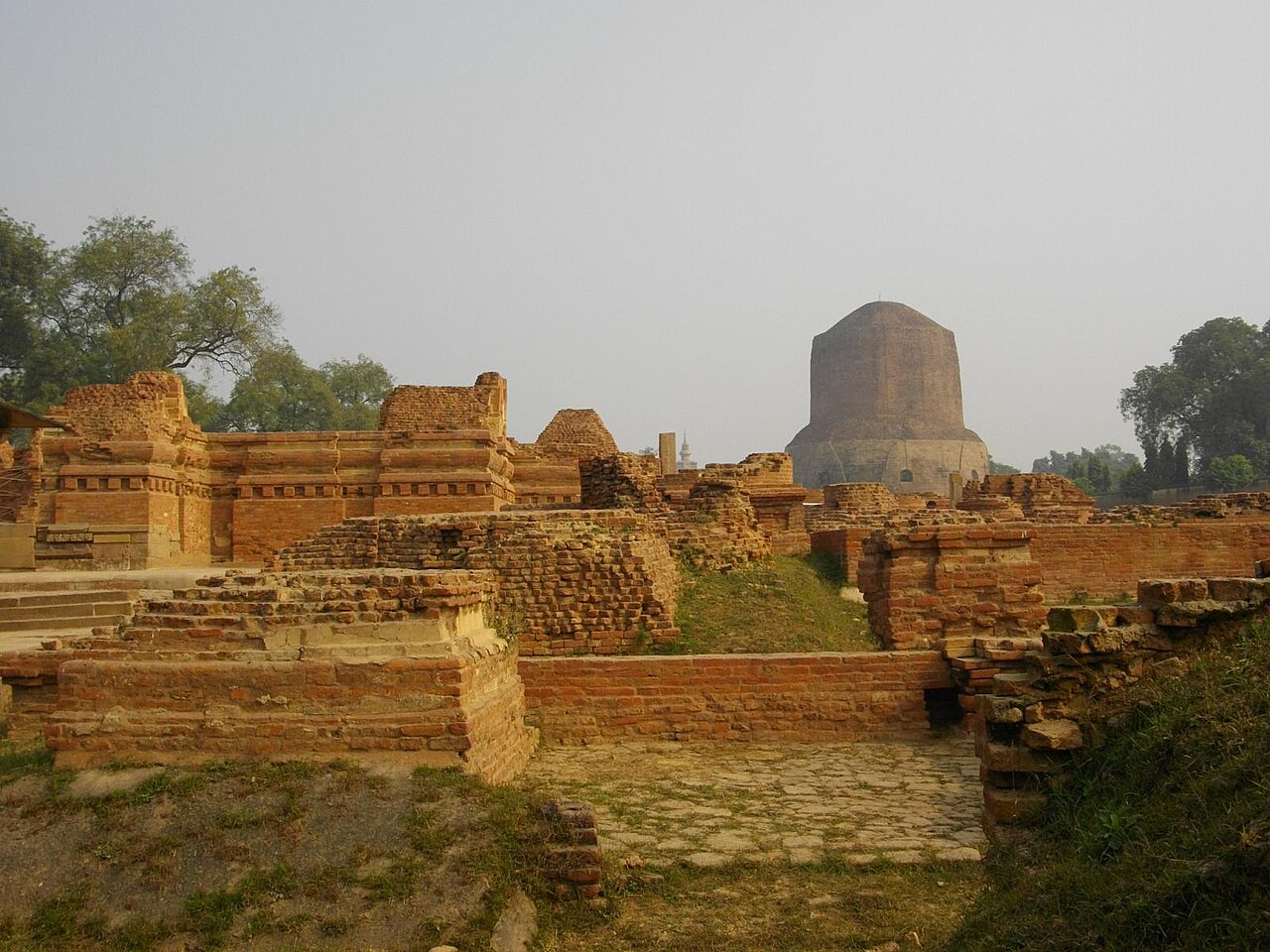 Ancient Buddhist monasteries near Dhamekh Stupa Monument Site, Sarnath.