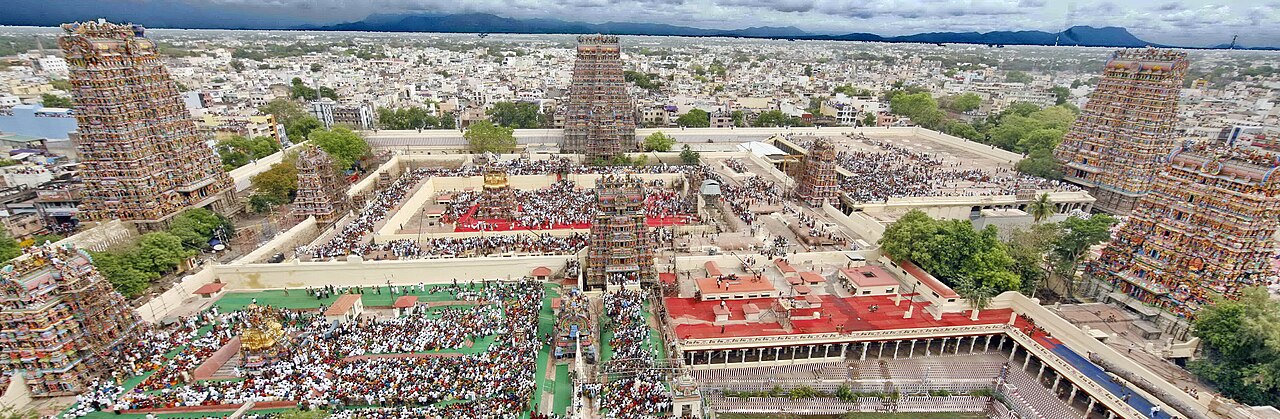 An aerial view of Madurai city from atop of Meenakshi Amman temple. Landscape at the horizon is not original and has been badly photoshopped.