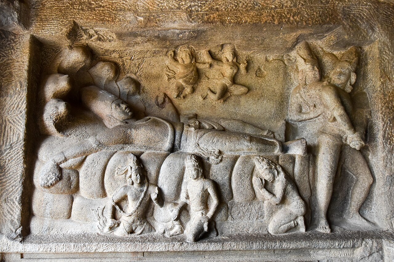 Anantasayi Panel in Mahishasuramardini Cave Temple, Mahabalipuram, Tamil Nadu, India