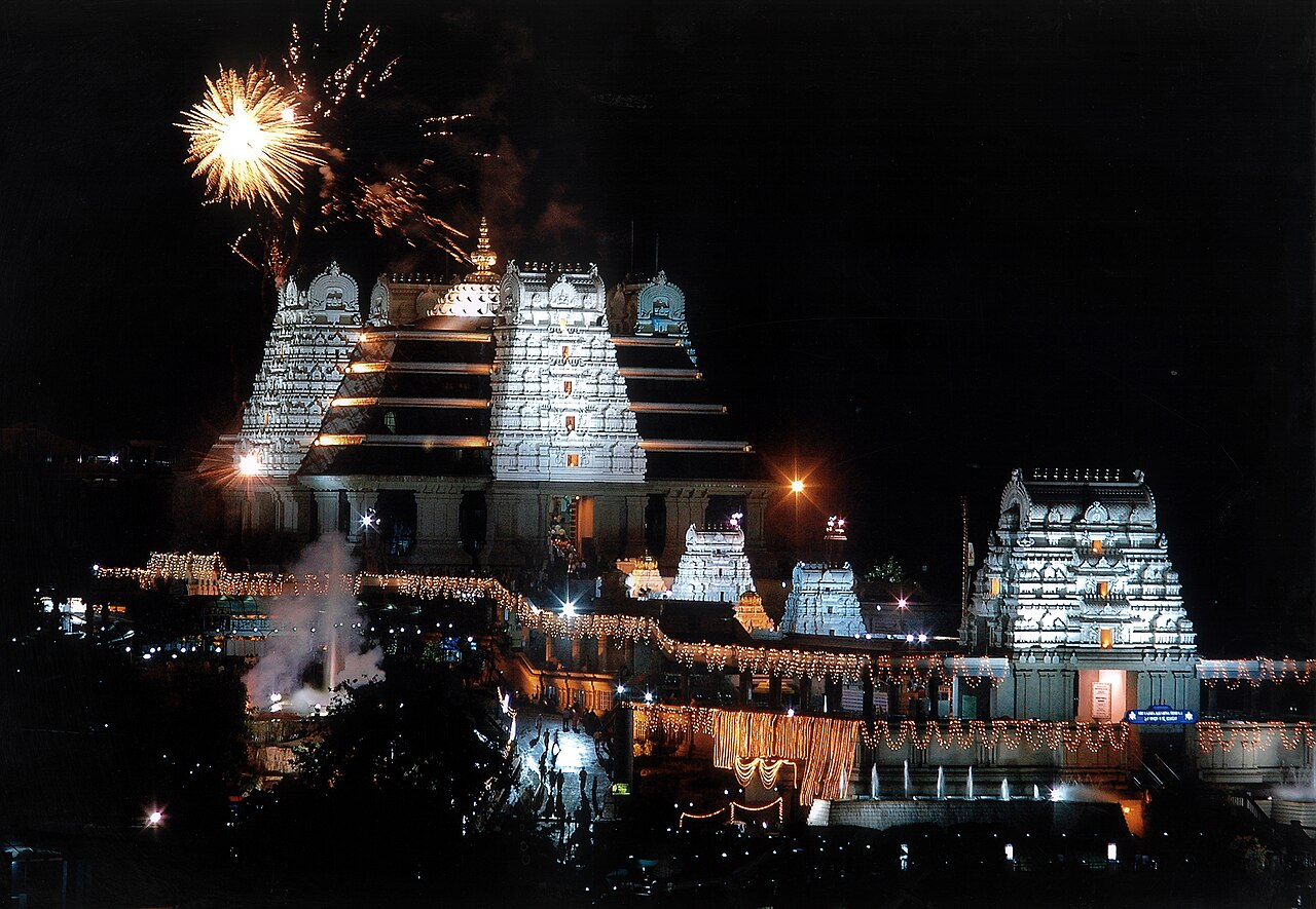 This is night view of ISKCON Bangalore Temple, during the Brahmotsava Festival.