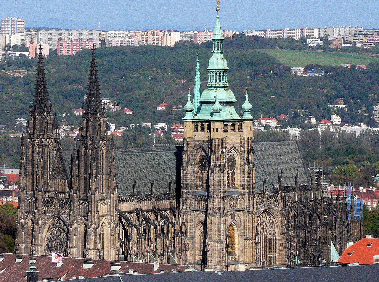 The Gothic\Neo-Gothic St. Vitus cathedral within the Prague castle, Praha. This is a view from Petrin hill with optical zoom.