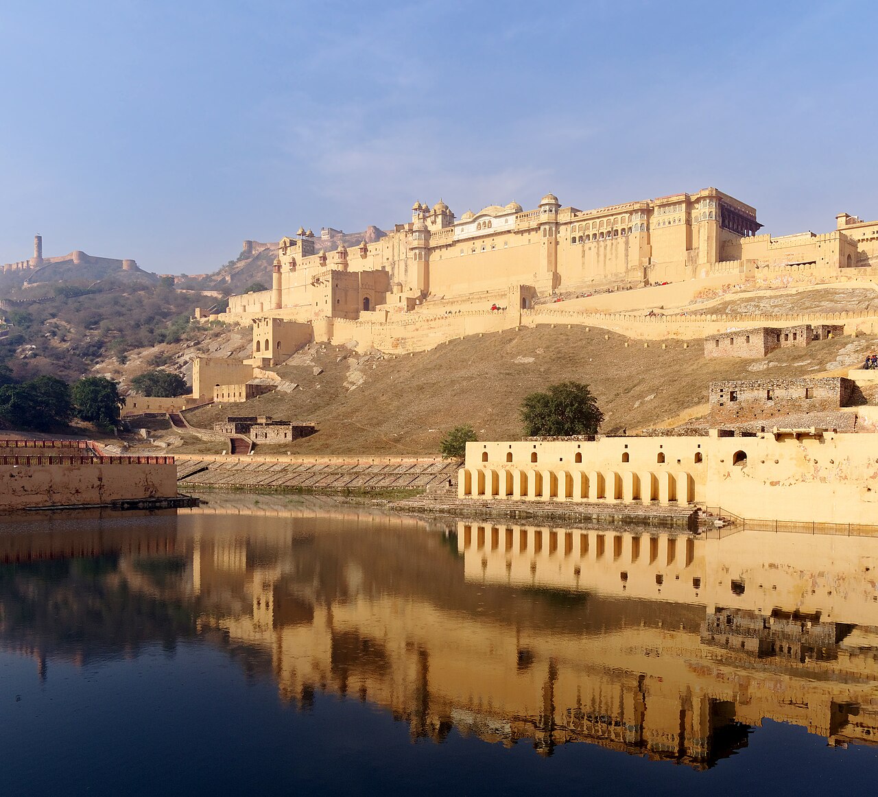 Amber Fort seen from the bank of Maotha Lake, Jaigarh Fort on the hills in the background