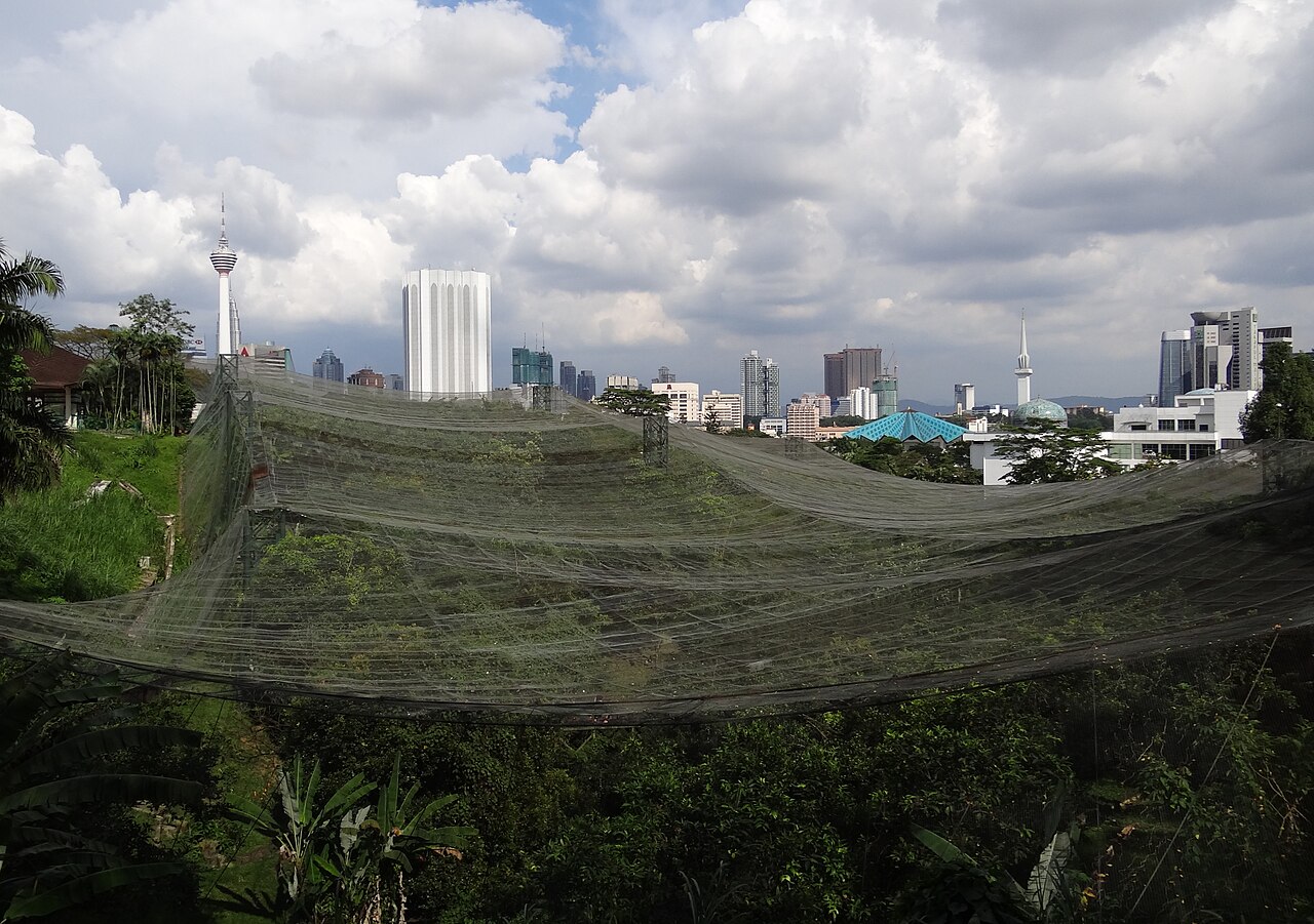 A view of the Kuala Lumpur Bird Park aviary, seen from the west. In the background several other KL landmarks can be seen; Menara Tower, Petronas Towers, Masjid