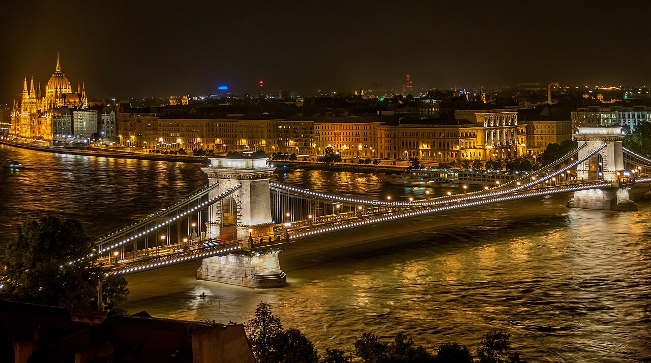 Night view of The Széchenyi Chain Bridge from Buda Castle in Budapest, Hungary